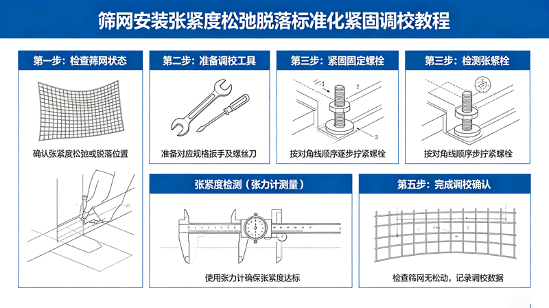 筛网安装张紧度松弛脱落标准化紧固调校教程